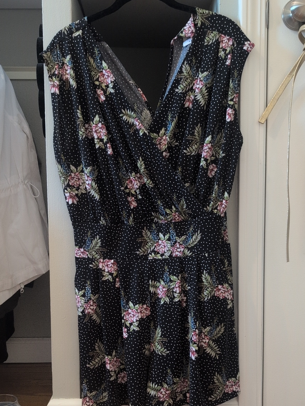 cabi Black Floral Wrap Romper with Pink Accents